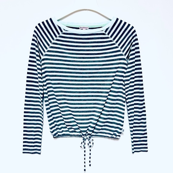 Juicy Couture Y2K Sparkly Striped Long Sleeve Tee Size XS Drawstring Aqua Gray - Picture 1 of 10